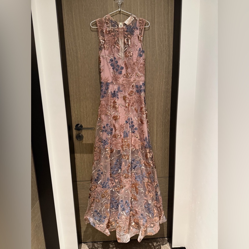 Bronx and Banco Blush Pink Maxi Gown with Blue Floral Embroidery - Picture 1 of 9